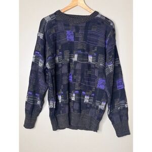 MTO International Mens Vintage 90s Geometric Knit Sweater Purple Gray Medium
